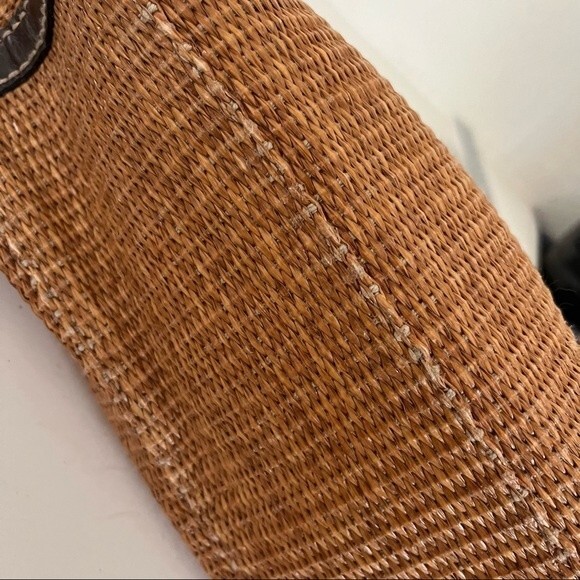 FOSSIL Straw Shoulder Bag Brown Vegan Leather Trim Striped Fabric Lining - Picture 6 of 11